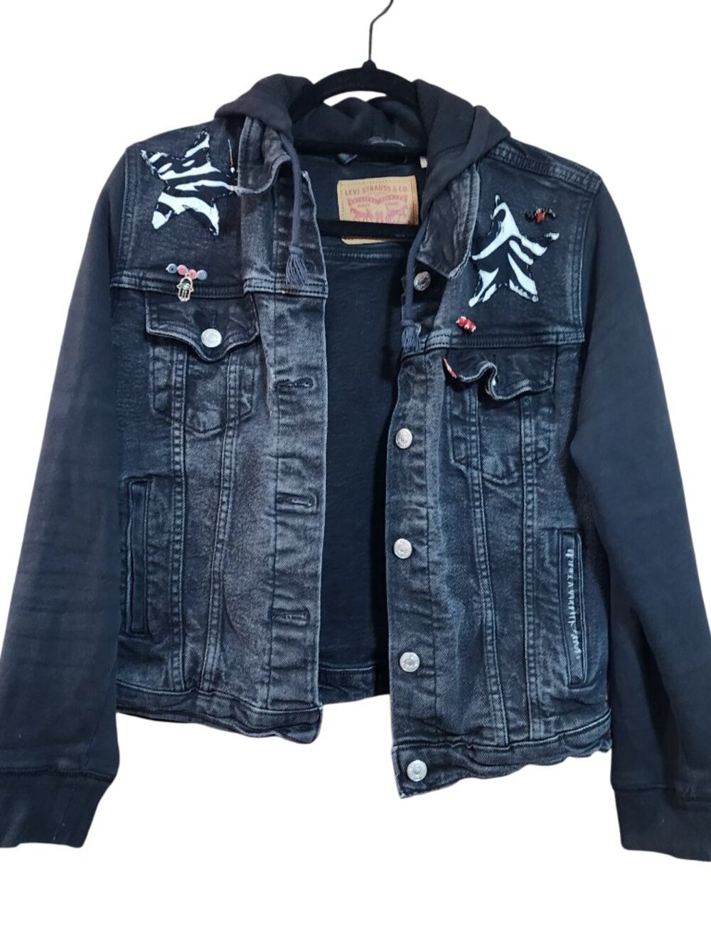 Levis Black Denim Jean & Sweat Shirt Jacket Decorated Womens Size L